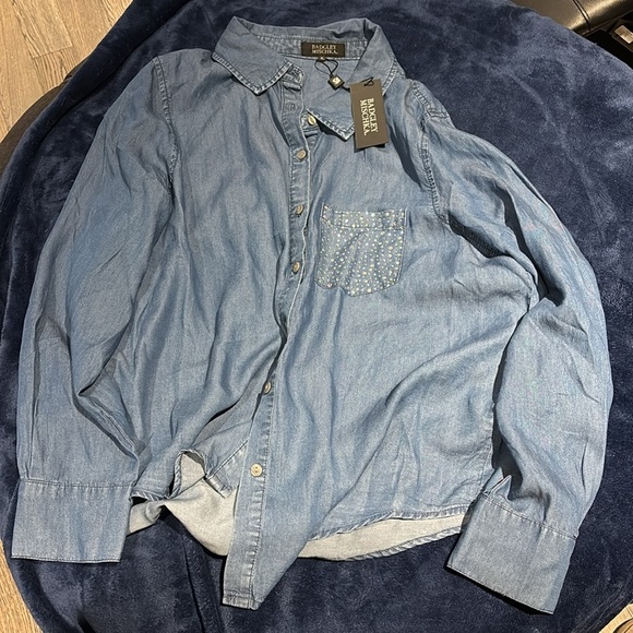 BADGLEY Mischka denim loose fit rhinestone pocket shirt Sz XL - Picture 7 of 11